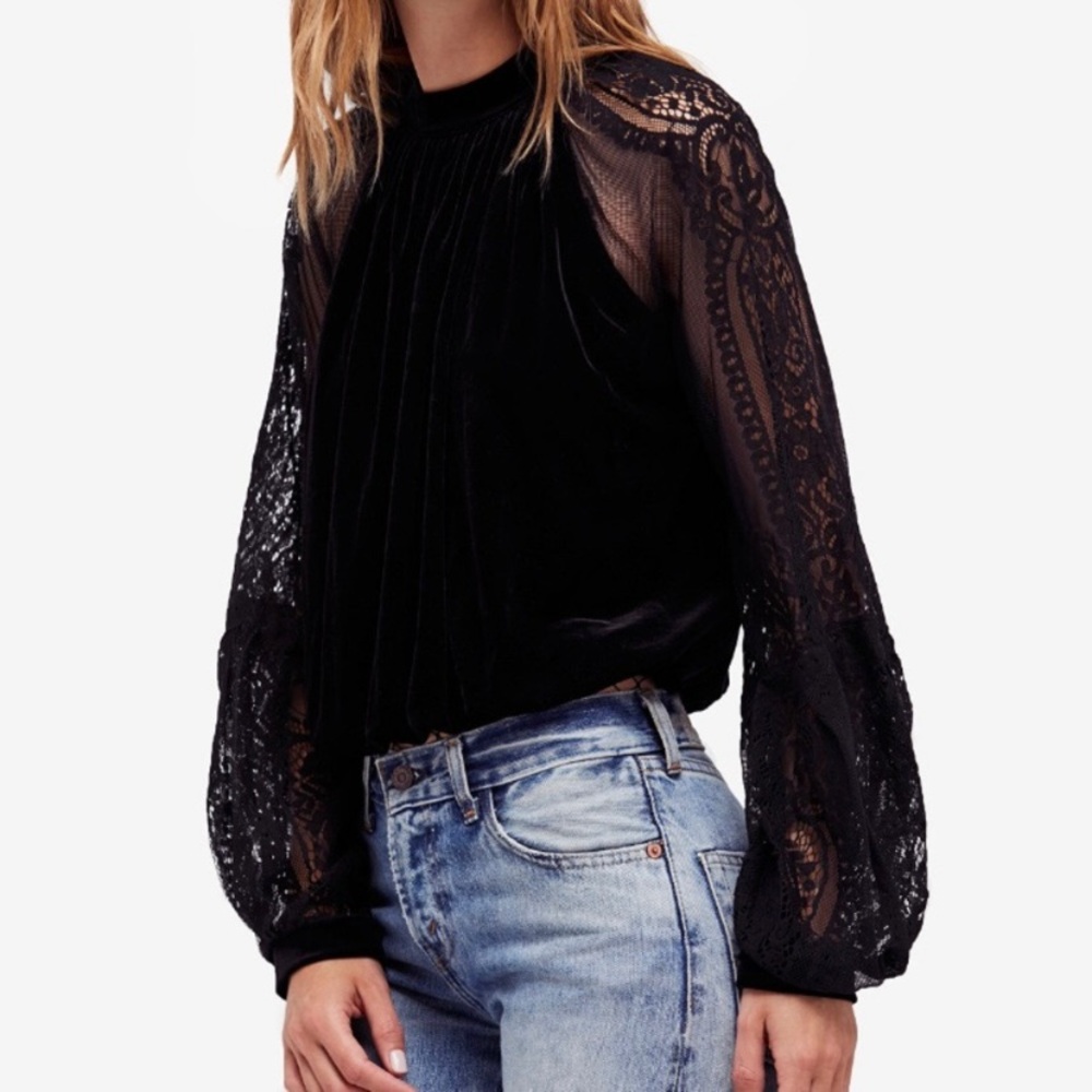 Free People Dream Team Black Velvet and Lace Top - Picture 2 of 11